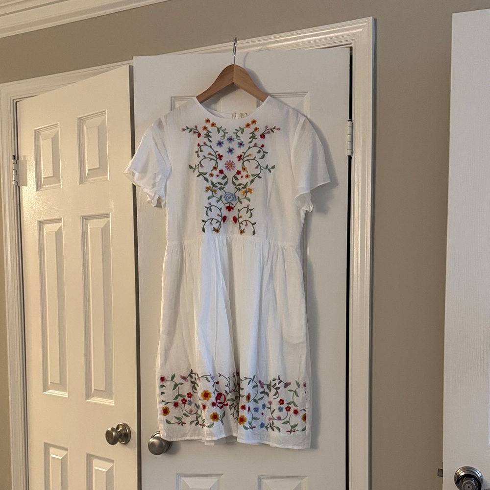 Roolee White Midi Dress with Floral Embroidery